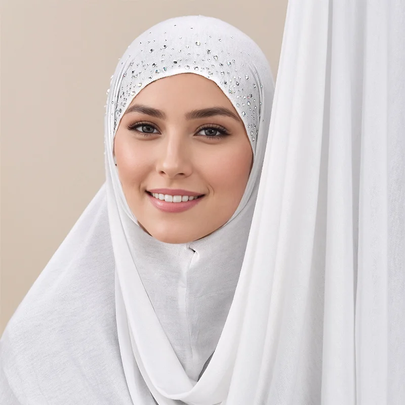 Muslim Rhinestone Cotton Jersey Instant Hijab Scarf For Woman Hijab Plain Shawl Wraps Irregular Ready To Wear Headband Scarves