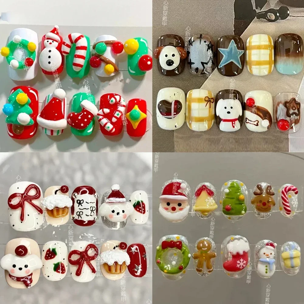 

10Pcs Christmas 3D Diy Cartoon Cute Short Round Press On Nails Rainbow Snowman Christmas Tree Blue Butterfly Fake Nail Girl Gift