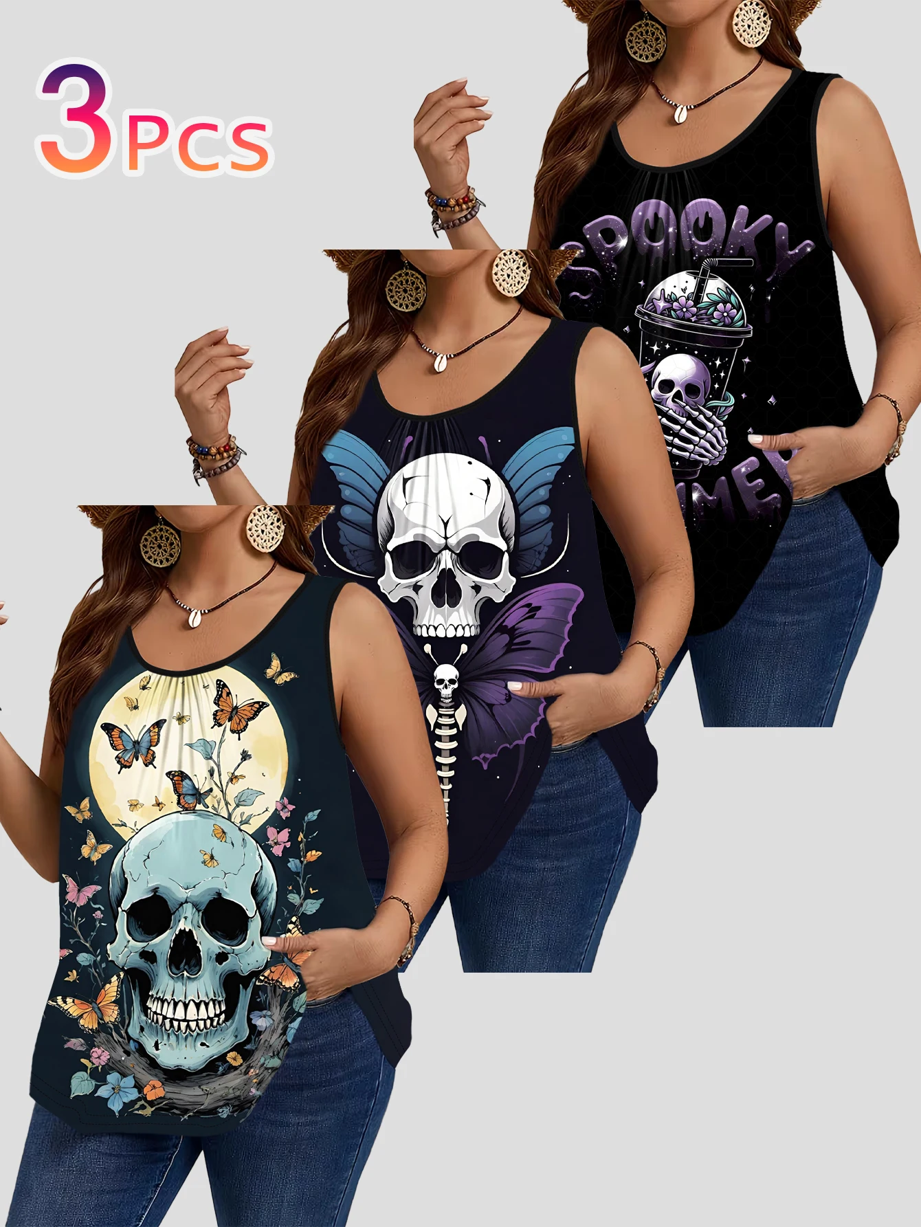 3-Piece Set of Plus-Size Sleeveless Vests with Halloween Butterfly, Skull, and Floral Prints, Dark Sweet-Cool Style Loose-Fitting Camisole Tops That Cover the Body