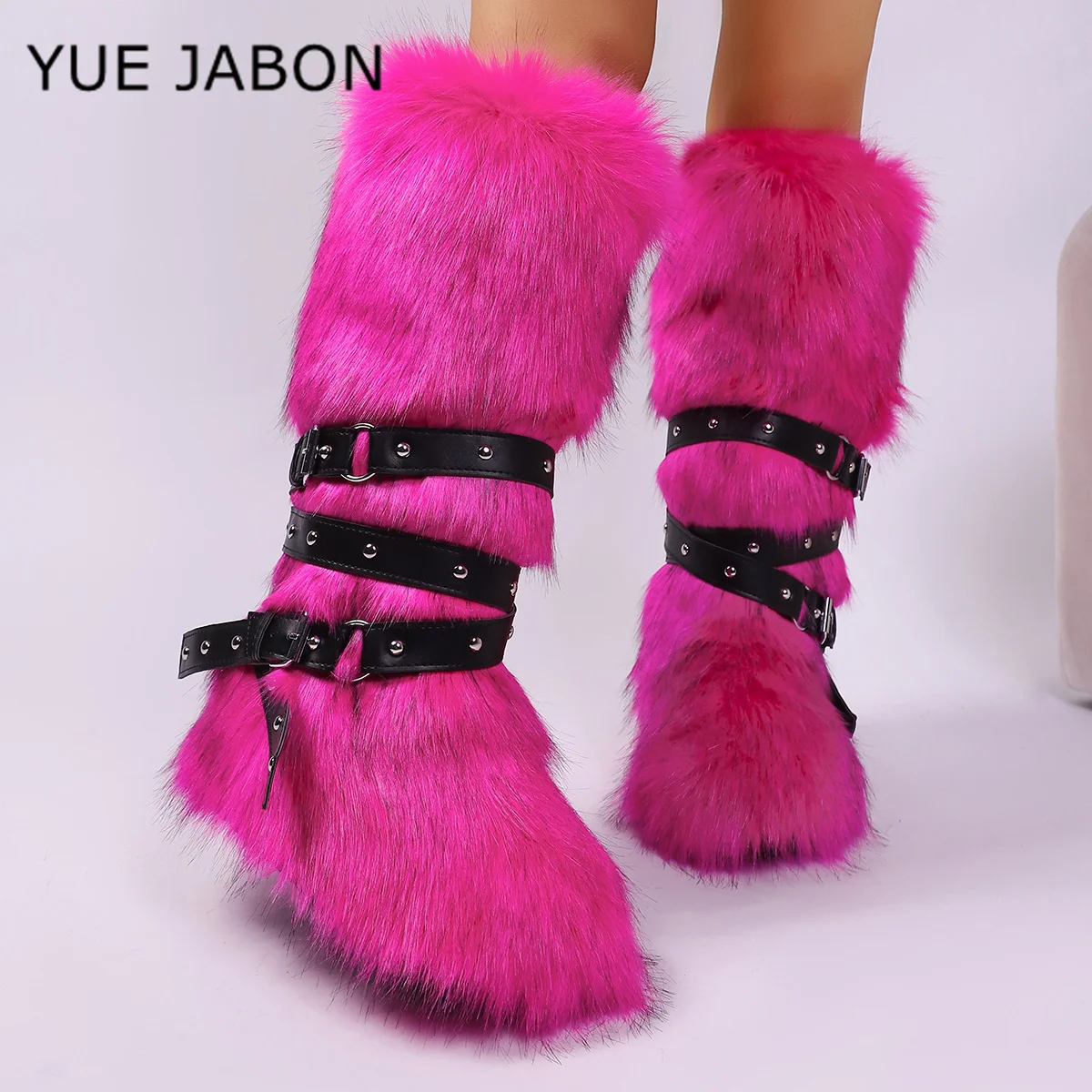 فو الفراء حزام مشبك الأشرطة الثلوج الأحذية جولة تو الصلبة برشام الانزلاق على الارتفاع زيادة الركبة أحذية عالية 2026 جديد النساء أحذية دافئة #6