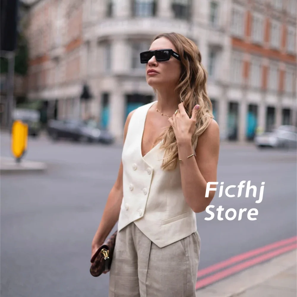 

Women Waistcoat Sleeveless V-neck Double Breasted Lvory For Party Dinner Female Suit Vest Office Lady Commuting Tops 여름조끼