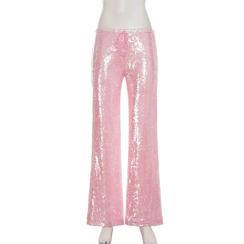 여성 패션 글리터 스팽글 루즈 스트레이트 팬츠 레이스업 허리 나이트 클럽웨어 파티 바지 올 매칭 스트리트웨어 바지