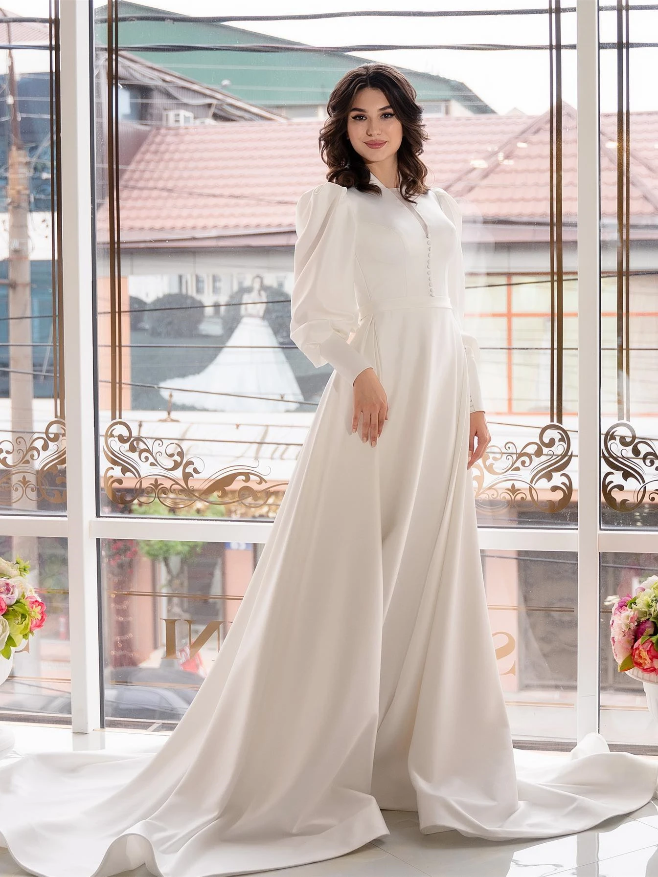 15846#Real Photo Arabic Long Sleeves Soft Satin Customzied A-line Muslim Wedding Dress Islamic Bride Gown For Women فساتين زفاف