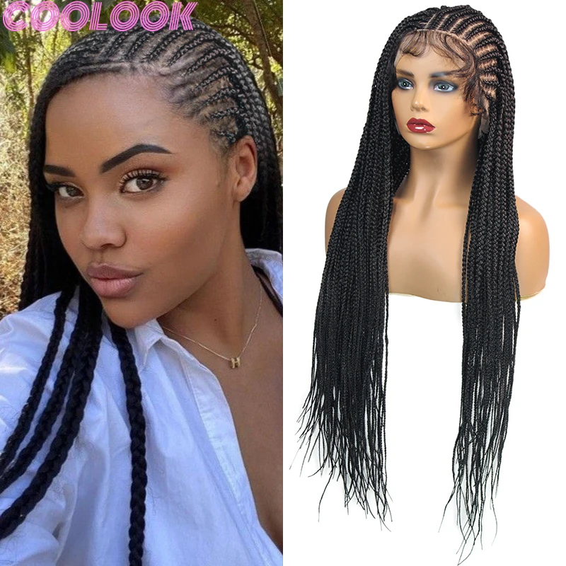 36'' Full Lace Braid Synthetic Wigs with Baby Hair Knotless Artificial Braids Lace Frontal Wig Silky Braided Wig for Black Women