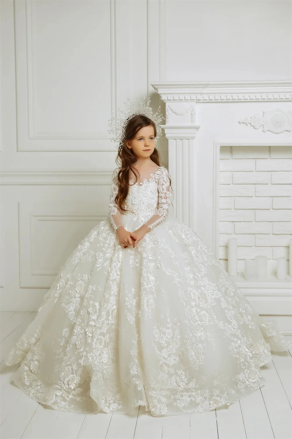 Long Sleeve for Wedding Prom Party Girls Pageant Gowns Lace Floral Appliques Kids Birthday Dress Luxury Flower Girl Dresses
