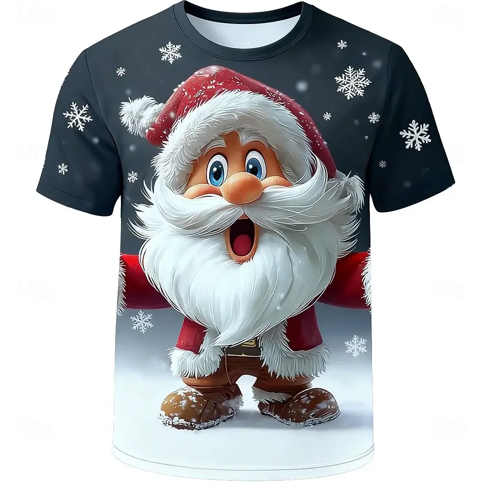 New Men's 3D Cartoon Santa Claus Graphic T-Shirt Snowflake Print Short Sleeve Crew Neck Tee Christmas Holiday Party Tops for Men
