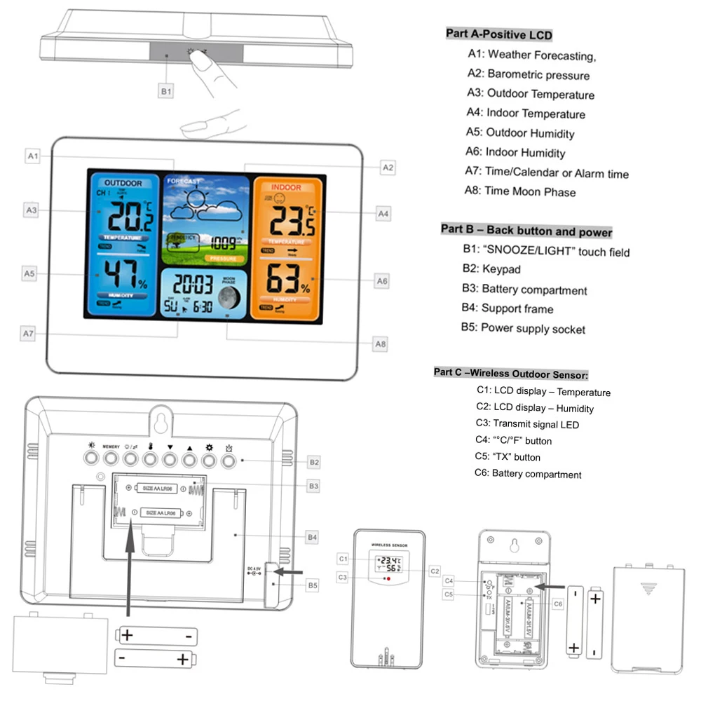 Digital Weather Station Clock Indoor Outdoor previsioni del tempo barometro termometro igrometro con sensore esterno Wireless