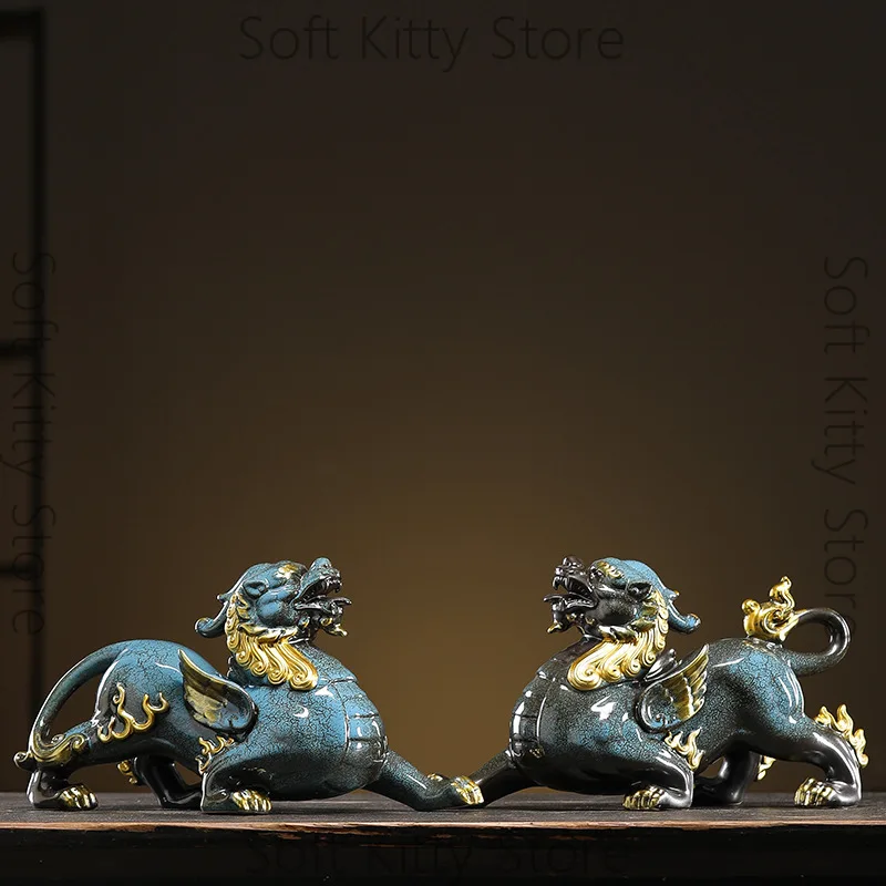 Chinese-style lucky town house Pixiu ornament pair home living room office