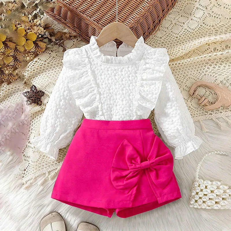 طقم مكون من قطعتين بياقة دانتيل بيضاء وأكمام طويلة مع فيونكة وردية هاكاما ملابس أطفال أنيقة ولطيفة على الموضة للأطفال فستان فتاة عادي #3