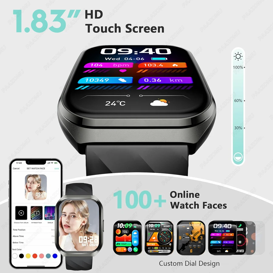 New Smartwatch 1000mAh Long Battery Life For Men Women Fitness Sports Bluetooth Call Waterproof 1.83 inch Full Touch Smart Watch