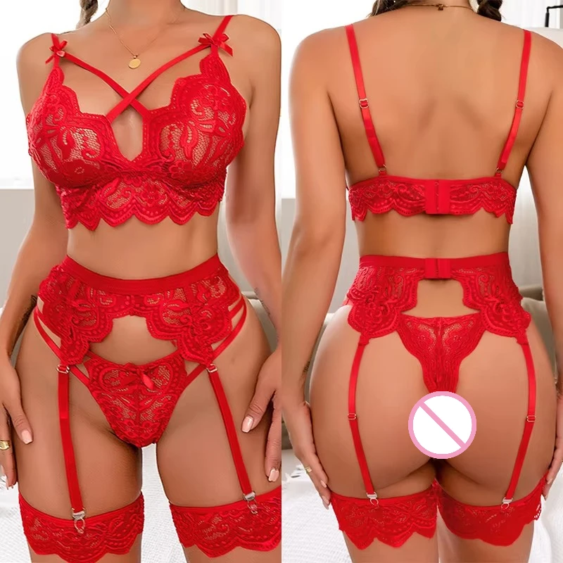 

Sexy Erotic Lingerie Sets for Women Bra and Panty Garters 3pcs See Through Lingeries Sexy Hot Erotic Underwear Set Sexy Costumes
