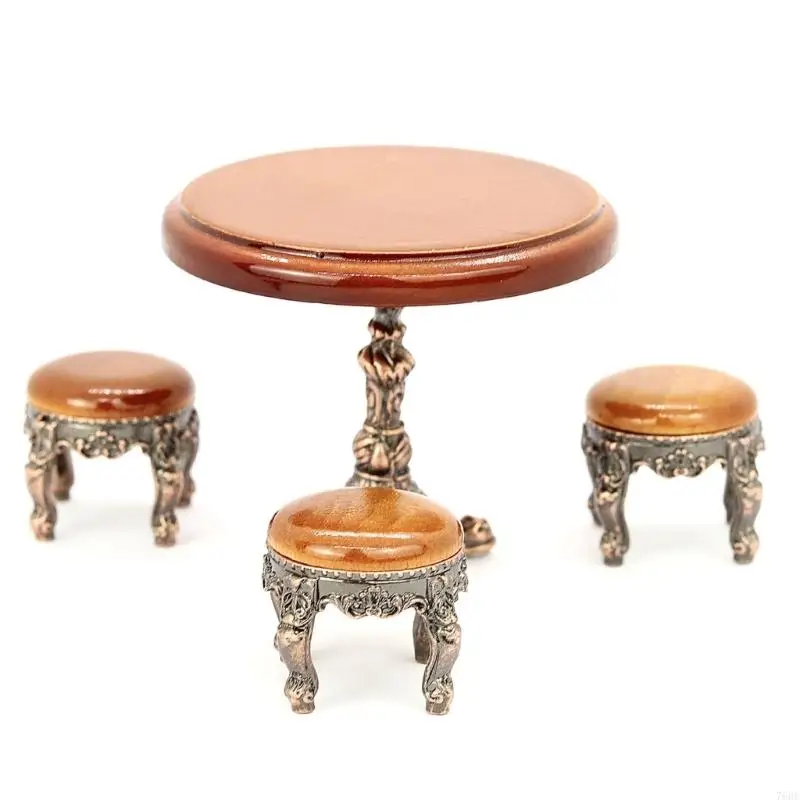 76HF Retro Miniature Dollhouses Living Room Table 4 Seats Alloy Dining Set