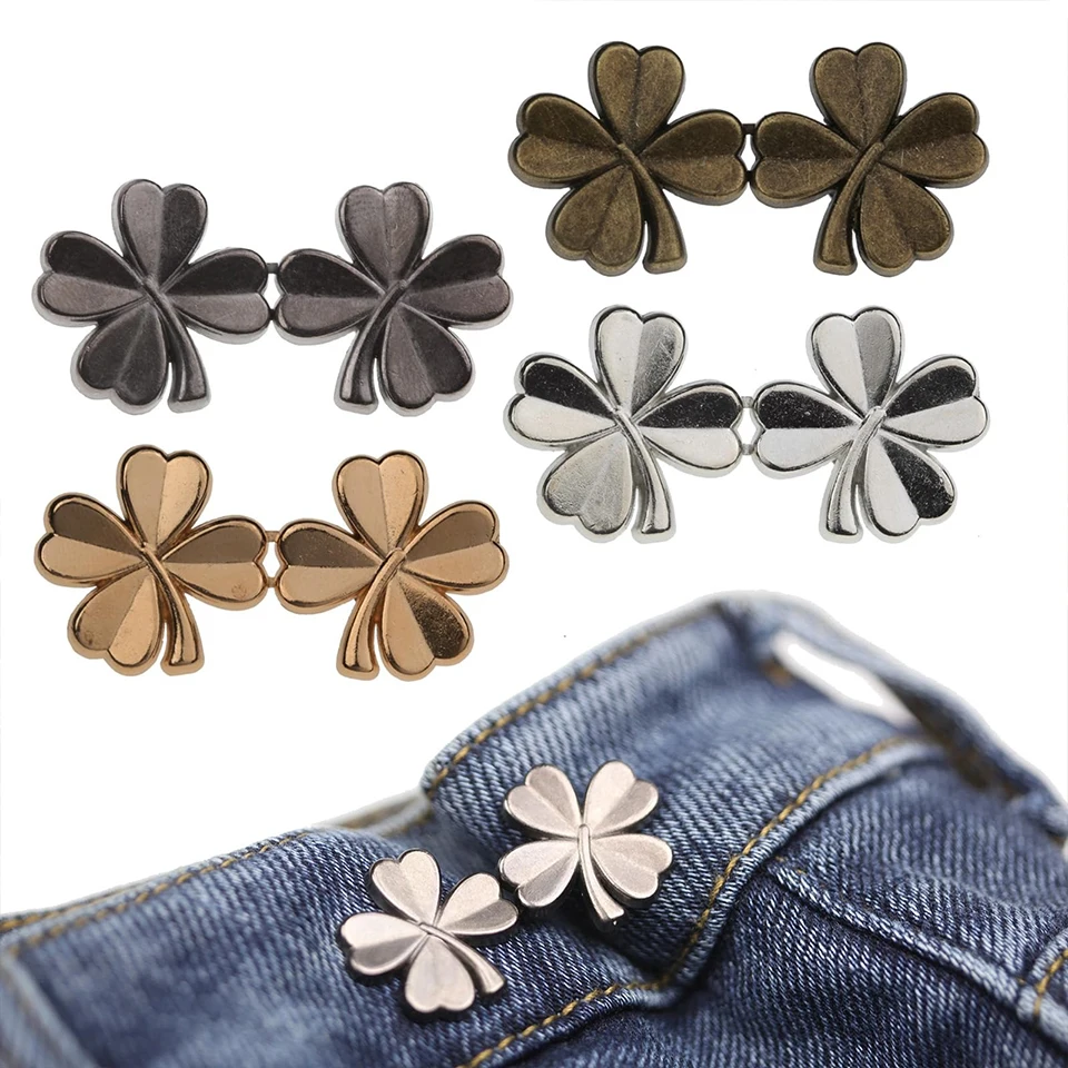 1 Pair Adjustable Waist Tightener Buckle Four Leaf Clover Jeans Pants Waist Adjuster Snap Button Clips Skirt Size Reducer