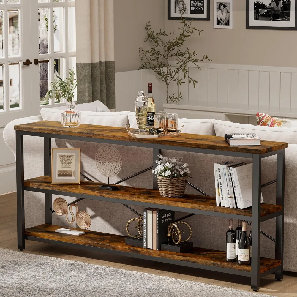 طاولة وحدة تحكم ضيقة طويلة جدًا مقاس 71 بوصة - أرفف تخزين من 3 طبقات للأريكة/طاولة مدخل لمدخل غرفة المعيشة (بني ريفي)