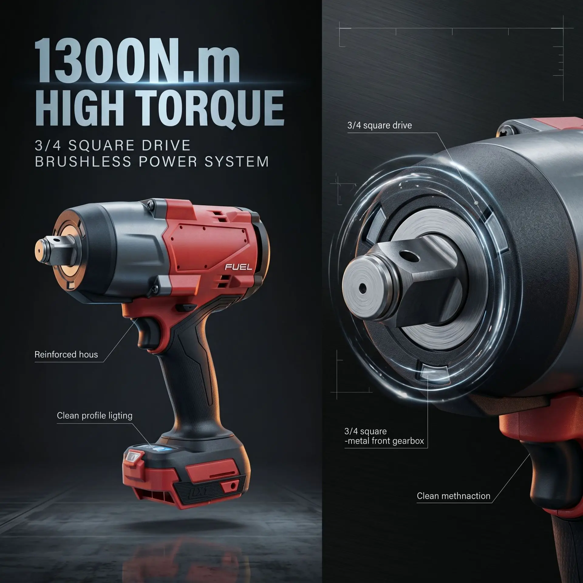 21V heavy duty cordless impact wrench with torque up to 1300 Nm, 3/4 inch drive head for industrial applications