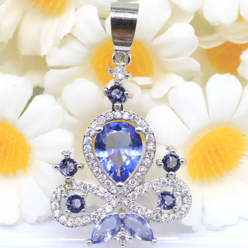 Buy 4 Get 1 Free 36x21mm Romantic Created Iolite White CZ Woman's Silver Plated Pendant