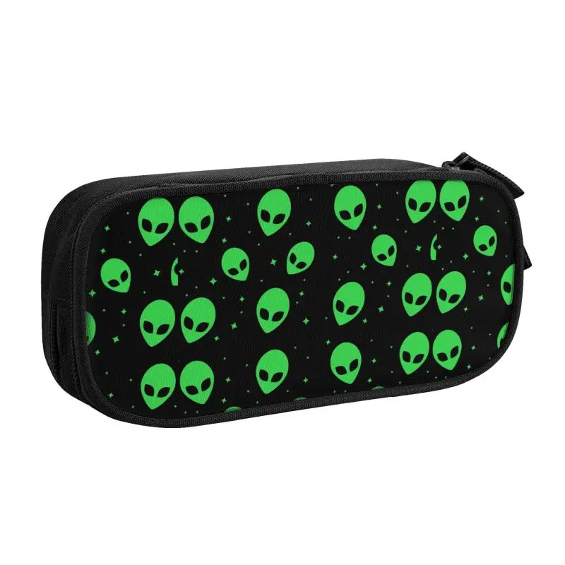 Green Alien UFO And Stars Pattern Pencil Cases for Boy Girl Large Capacity Pen Bag Box School Accessories