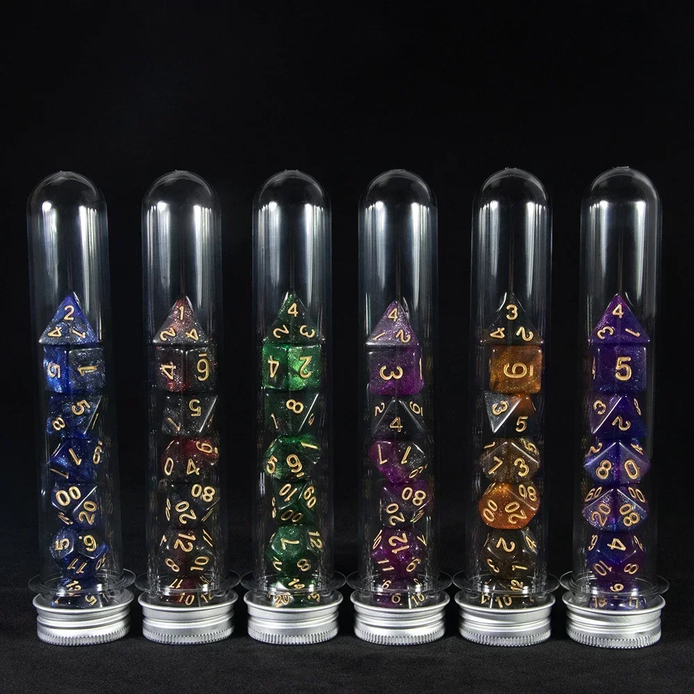 D&D RPG Dice 7pcs Polyhedral Dice Set with Tube for DND RPG Board Game, Universe Galaxy Effect with Glitter Dice