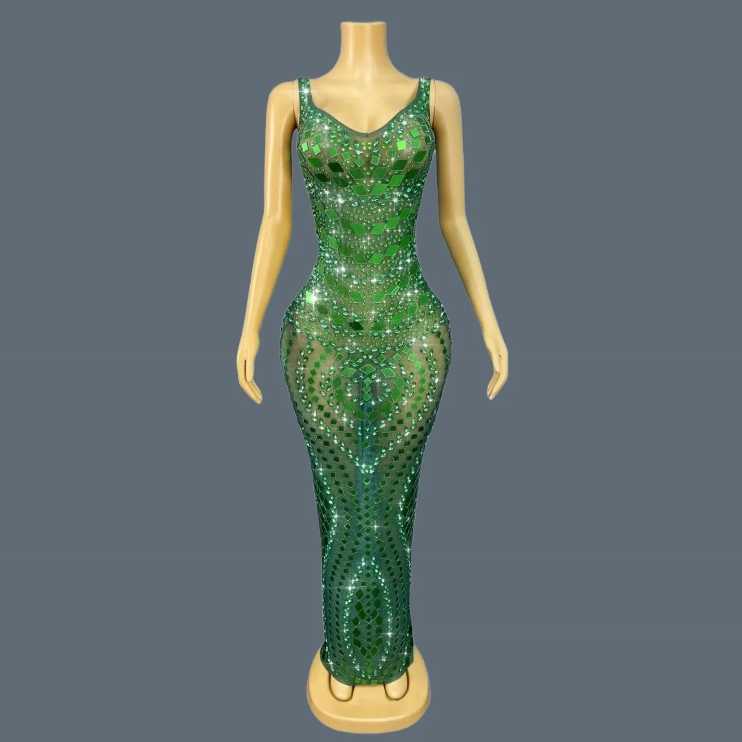

Green Theme Party Couture See Through Mesh Sparkly Rhinestone Mirrors V Neck Evening Dress Sexy Bodycon Long Dress Lvyijingpian