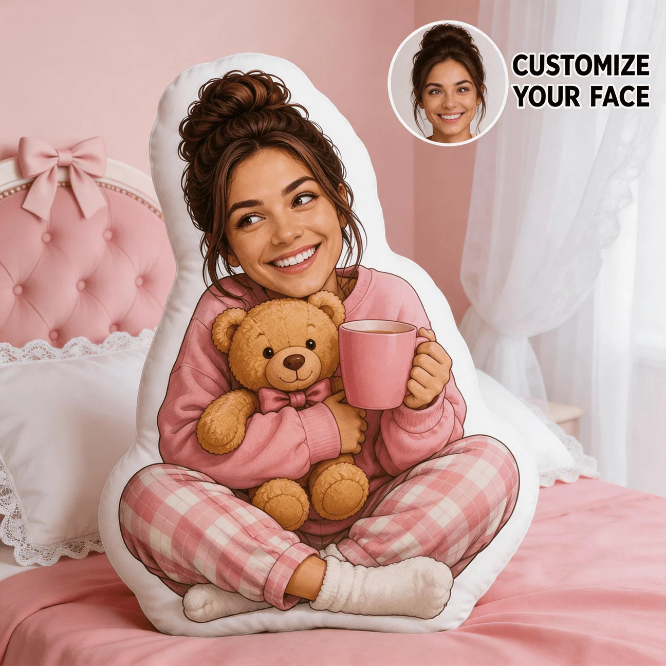 Custom Personalized Photo Face Pillow, Smiling Woman in Pink Pajamas Holding Teddy Bear Custom Shaped Decorative Cushion, 70CM L