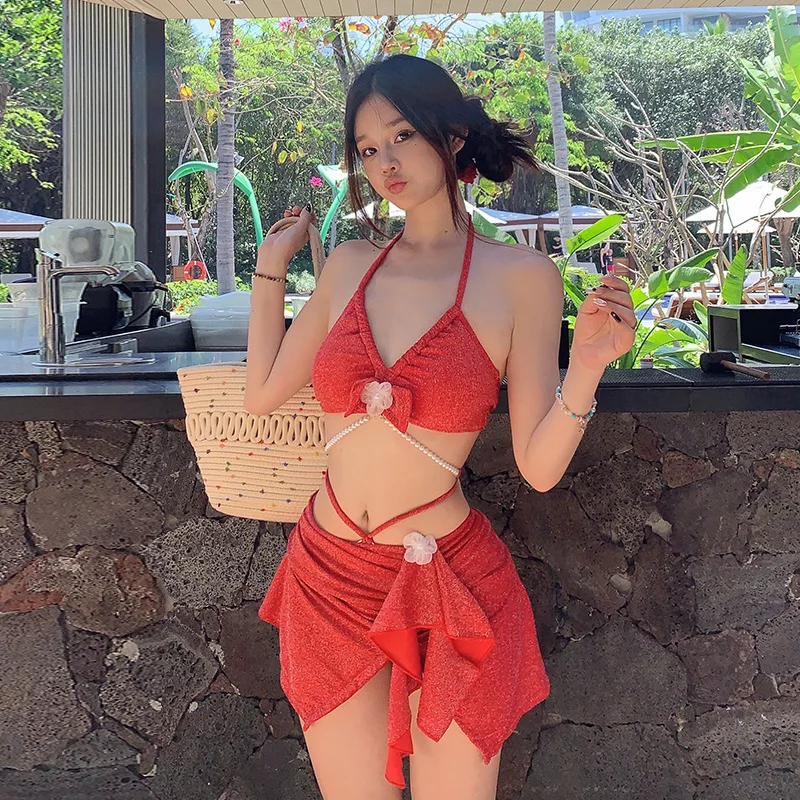 Swimsuit Women 2025 Outing Beachwear Sexy High Waist Bath Split Bikini Three Piece Set Seaside Vacation Soaking In Hot Springs