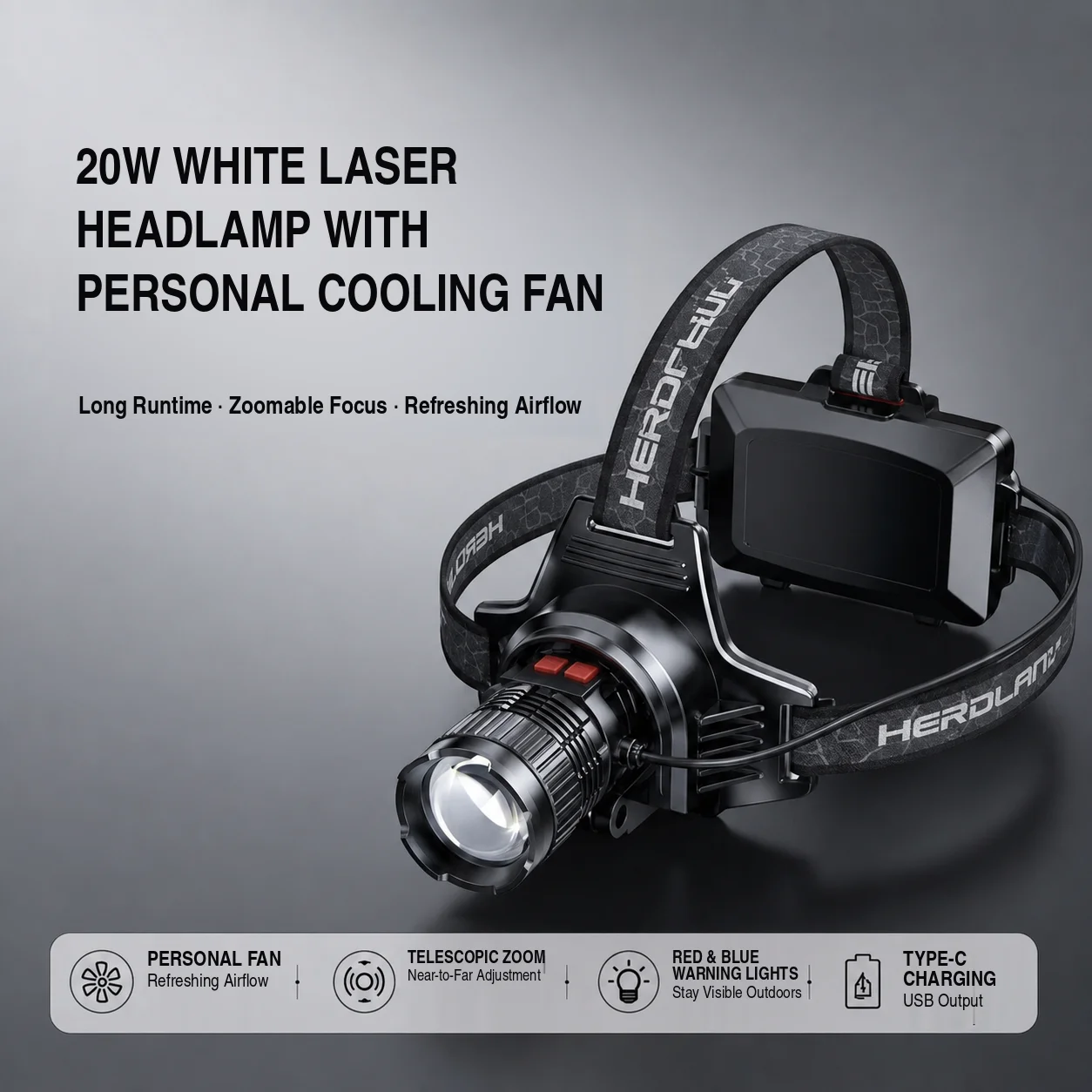 Ultra Bright Fan Headlamp with 3 Speed Personal Fan Rechargeable Zoomable Focus for Hot Weather Camping Fishing Outdoor Work