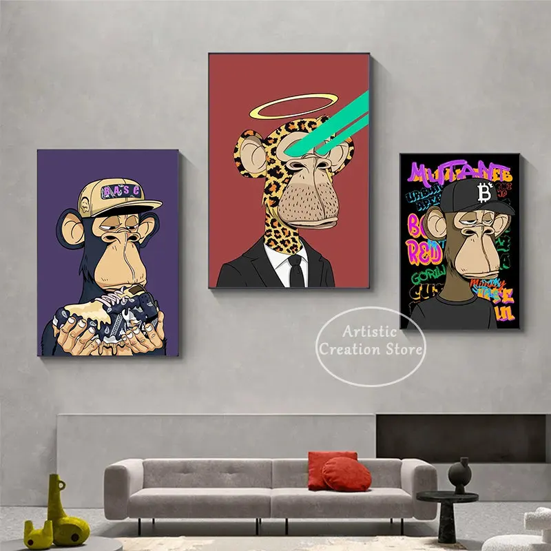 Abstract Pop Wall Art Animals Funny Monkey Poster NFT Canvas Painting Fashion Bored APE Pictures for Living Room Club Home Decor