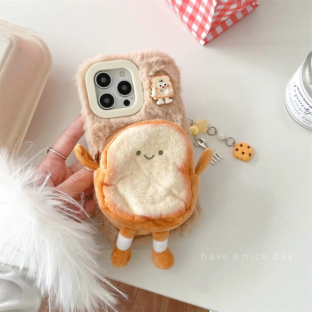 Plush Cartoon Bread Man Phone Case Suitable for iPhone 12 13 14 15 16 Pro Max Warm Winter Furry Fur Lens Protection Case