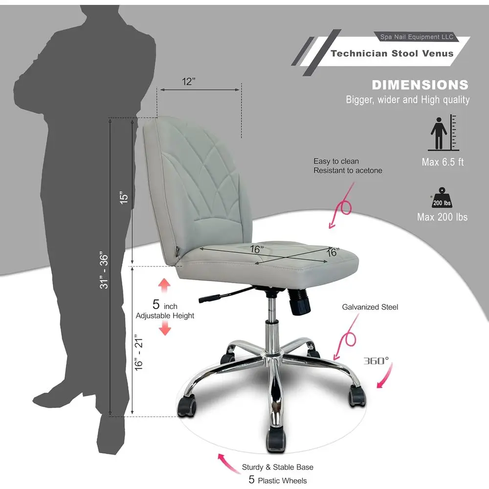 Regulowane krzesło salonowe ze skóry PU z akrylowymi elementami odpornymi na uszkodzenia do użytku w salonach paznokci, spa i handlu detalicznym (szare)