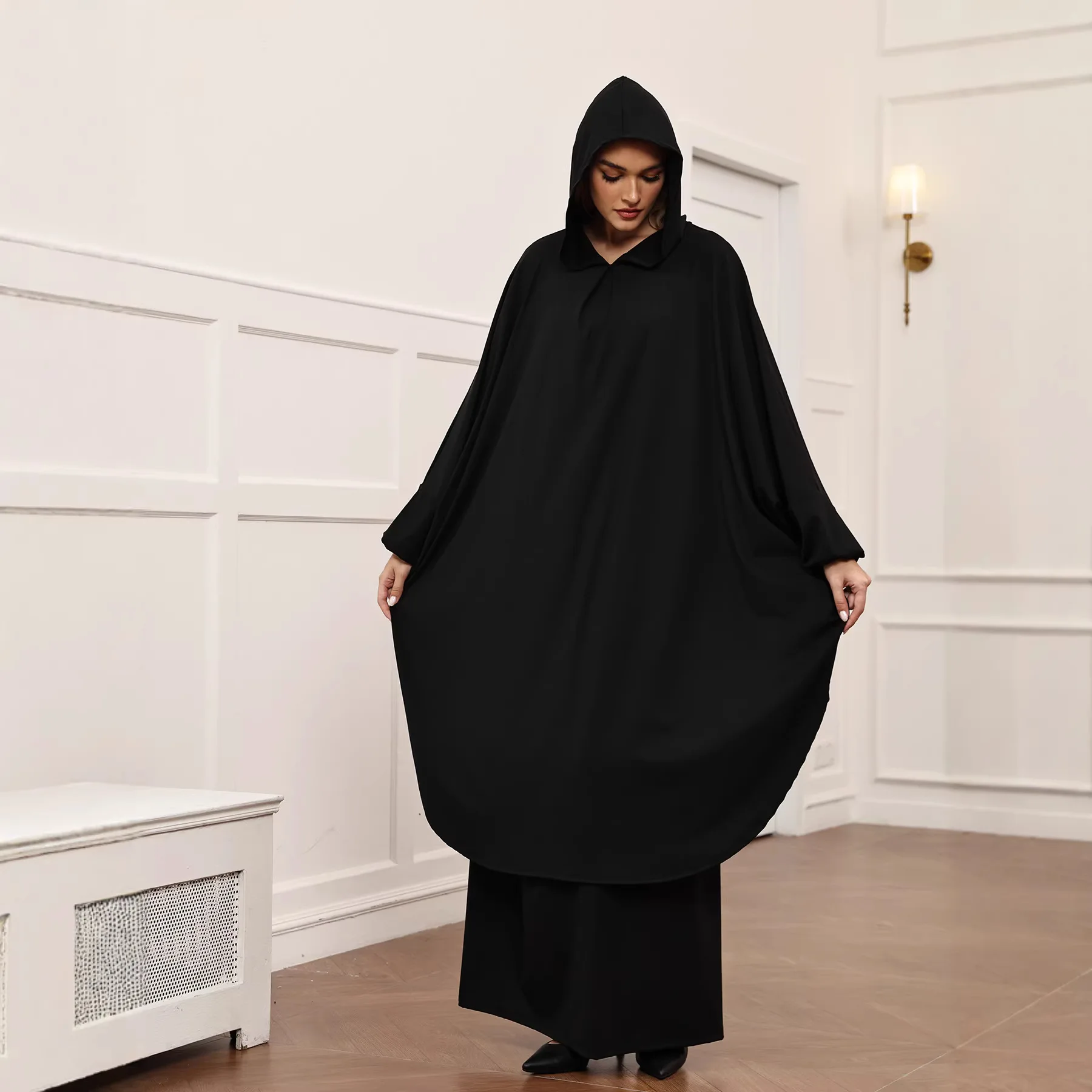 

Черный мусульманский костюм с капюшоном для женщин: хиджаб, юбка, платье, одежда для намаза, исламская абайя, длинный химар, платье для Рамадана, комплект абайя, наряд