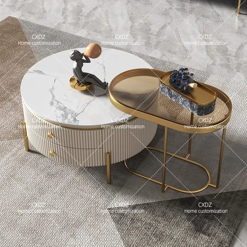 Round Coffee Table Modern Simple Living Room Small Apartment Creative Painted Tea Table Rock Slab Glass Combination Side