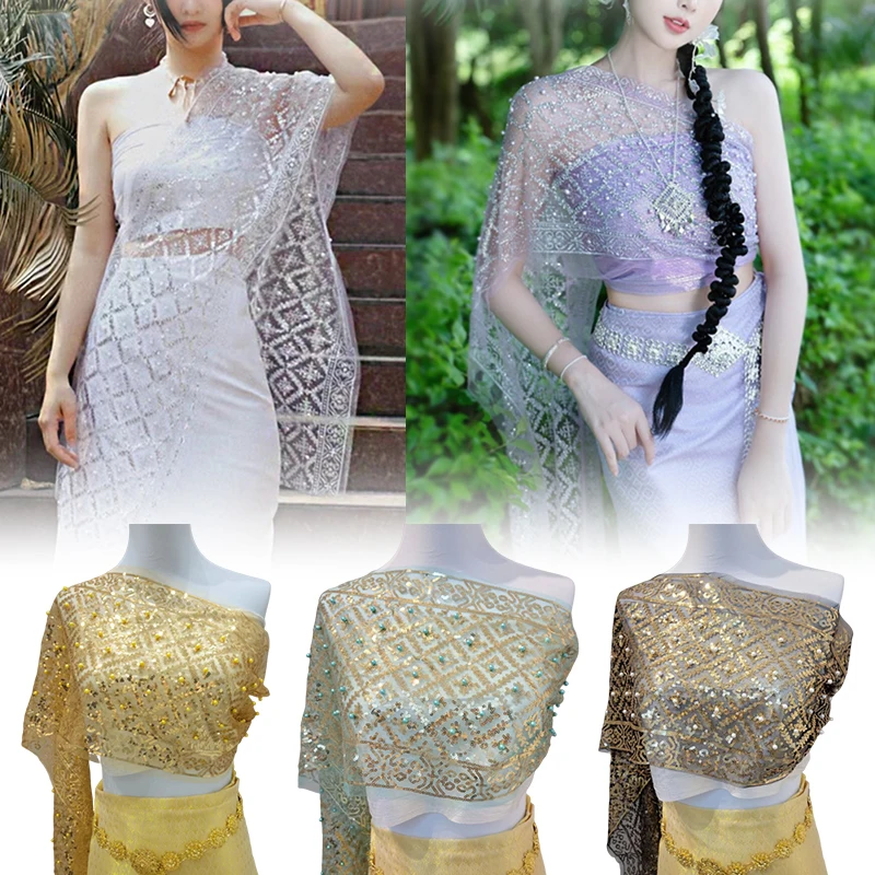 Frauen Thai Traditionelle Pailletten Perlen Spitze Schal Wrap Thailand Festival Glitter Schal Ethnische Tourismus Strand Abdeckung Leistung