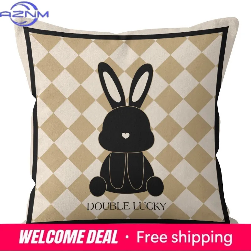Modern Minimalist Plaid Rabbit Print Pillow Cover with Short Plush Fabric, Home Sofa, Car Cushion