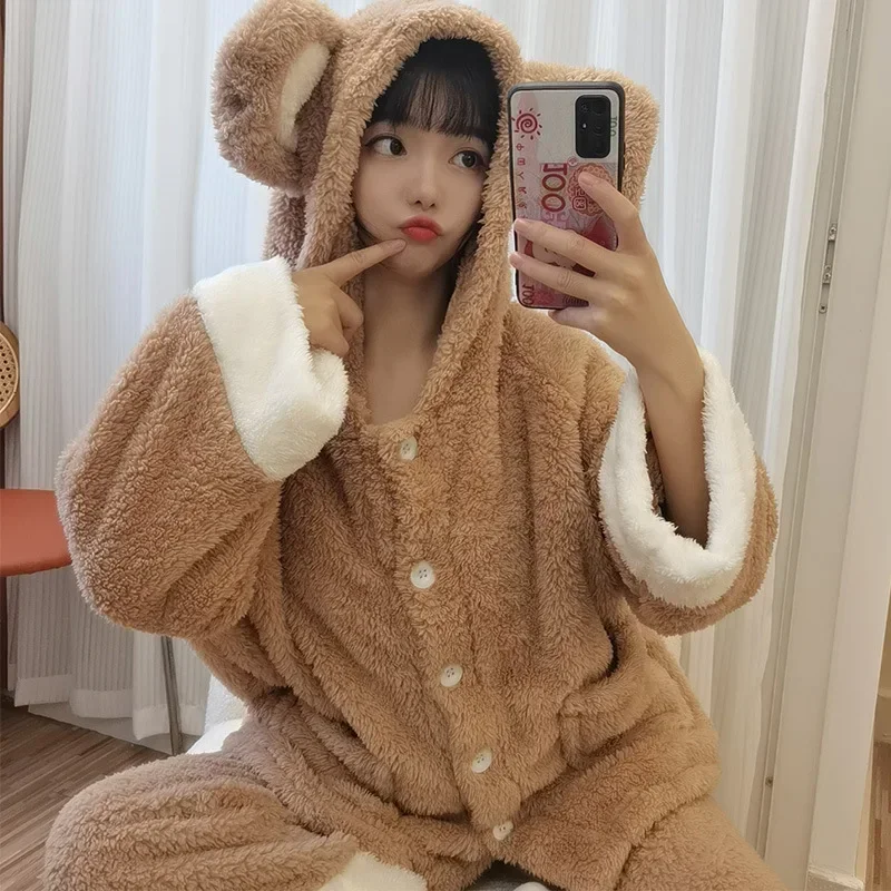 Women's Winter New Coral Fleece Thickened Bear Pajamas Women's Winter Cute Cartoon Student Hooded Loungewear Set