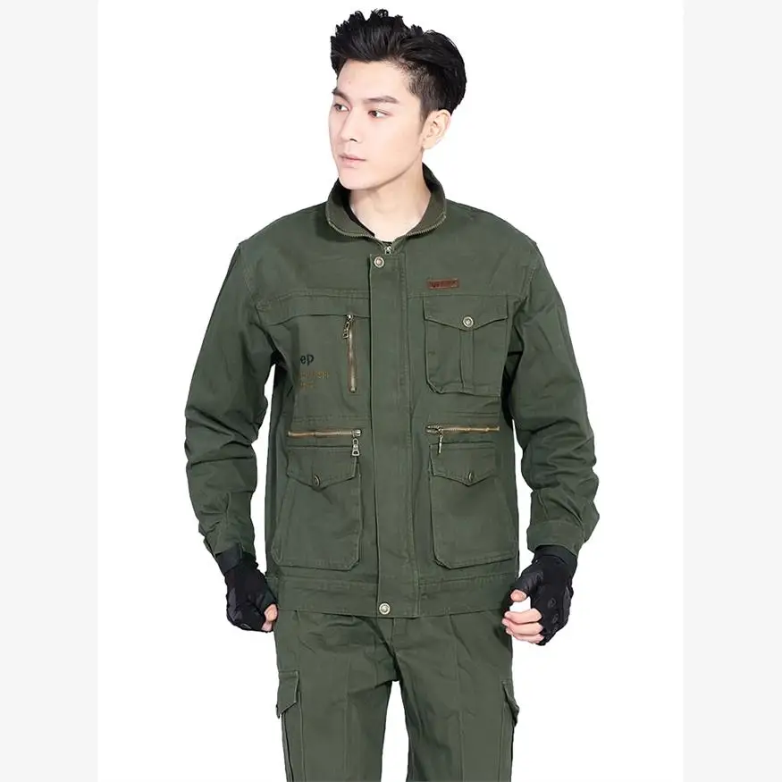 طقم ملابس عمل قطنية للرجال للربيع والخريف، مناسب للحامين، متعدد الجيوب، ملابس رجالية من القطن الخالص، زي عمل للمكتب