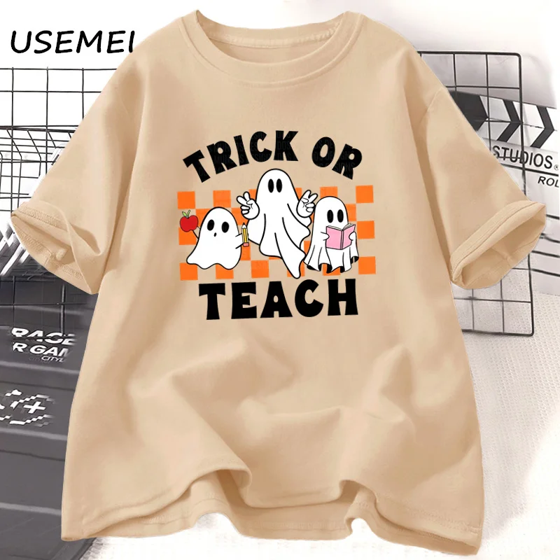 

Teacher Halloween T Shirt Trick or Teach T-Shirt Spooky Ghost Teacher Pumpkin Tshirt Cotton Short Sleeve Round Neck Tee Clothing