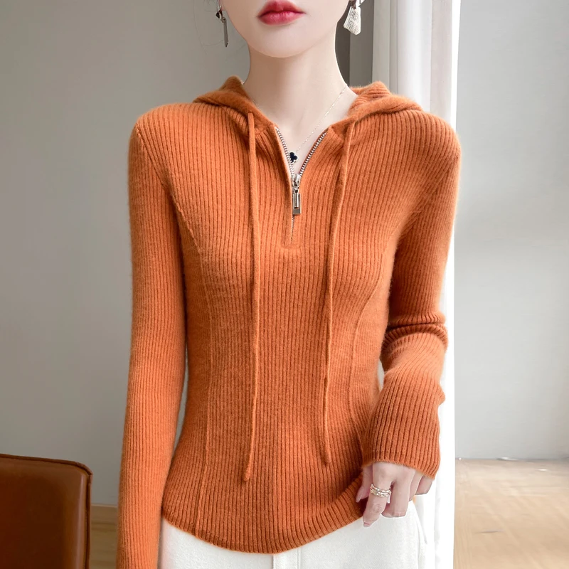 Women's Hooded Pullover Sweater 100% Pure Wool Knitted Tops Spring Autumn New Long Sleeved Sweater Slim Fit and Slimming Hoodie