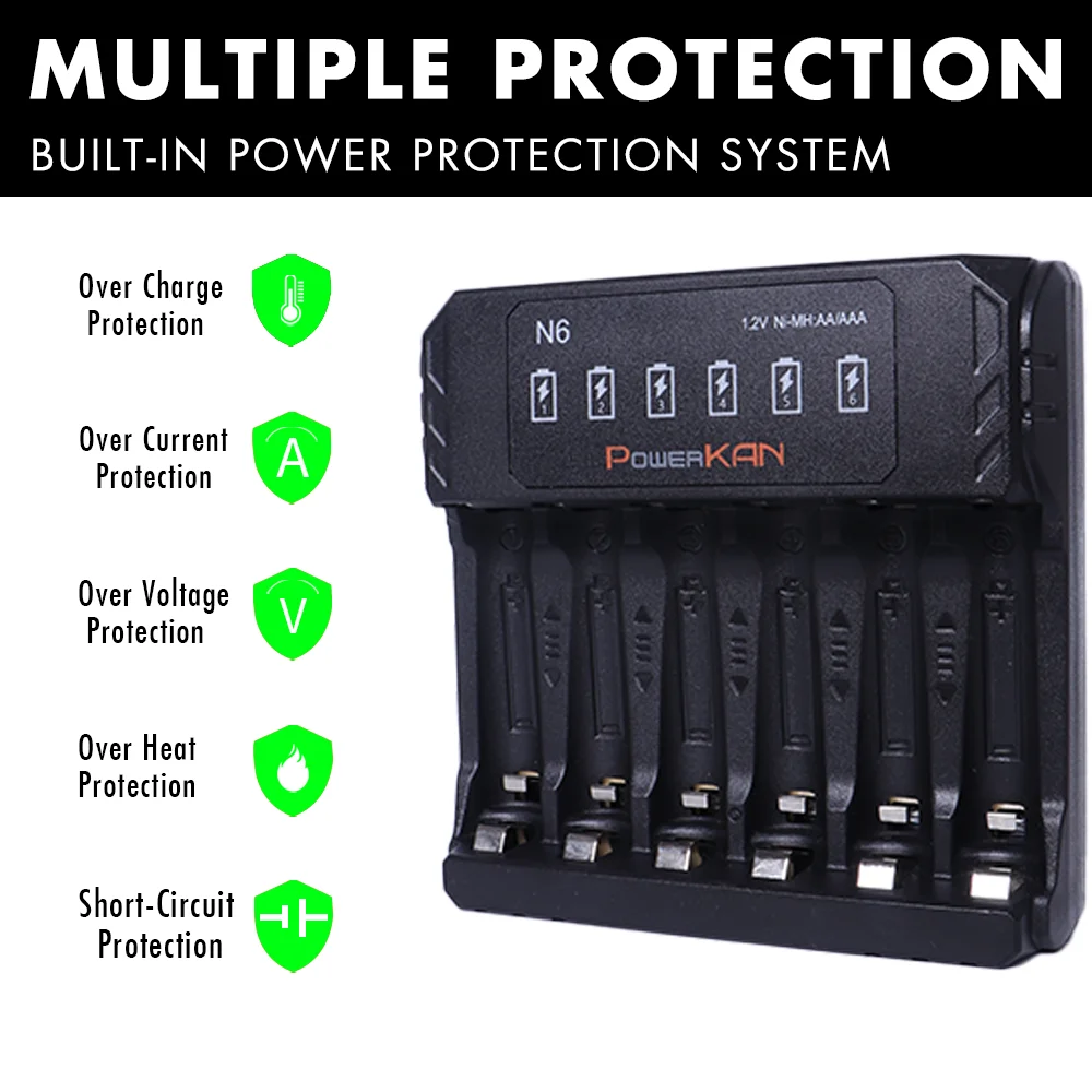 POWERKAN N6 Battery charger for 1.2V Ni-MH AA AAA No.5 No.7 batteries charge 1~6 batteries at the same time, type C 2A