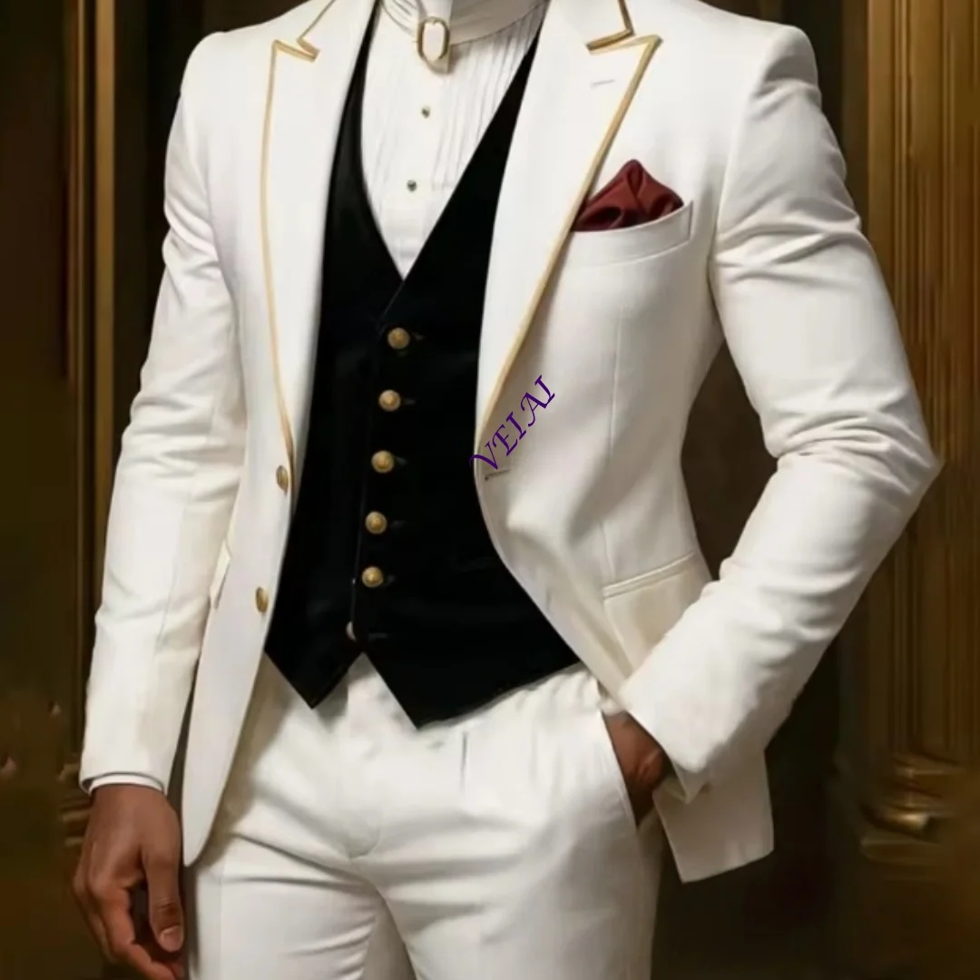 CustomizedElegant Men's Suits Single Breasted Peaked Lapel with Gold Trim Blazer Black Velvet Vest Set Groom Wedding Formal Part