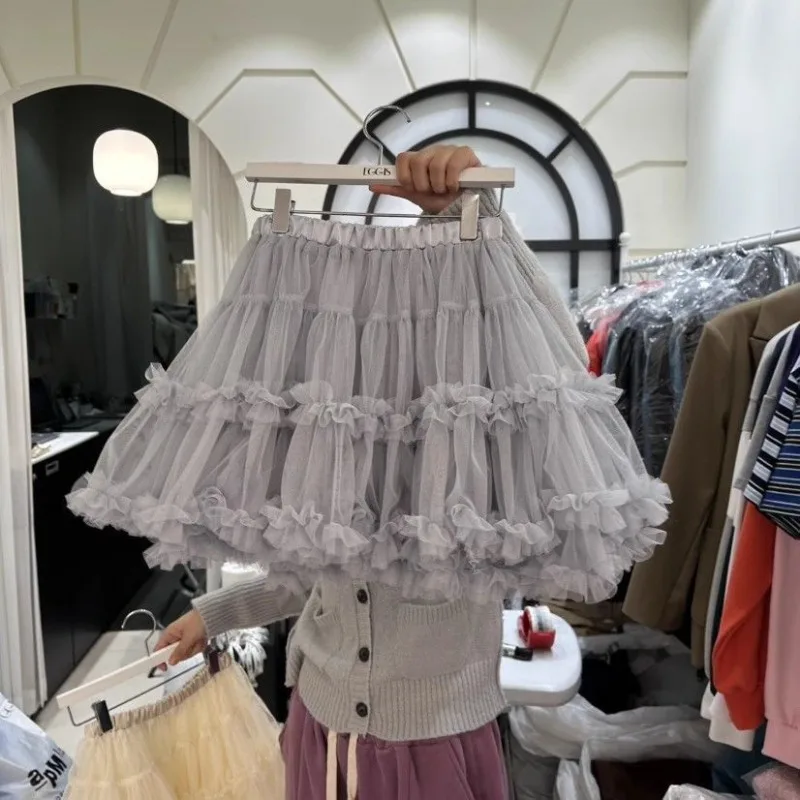 Fashion Sweet Mesh Gray Cake Skirt For Women 2025 New Elastic Waist Skirts Spring Autumn New All-match Faldas De Mujer