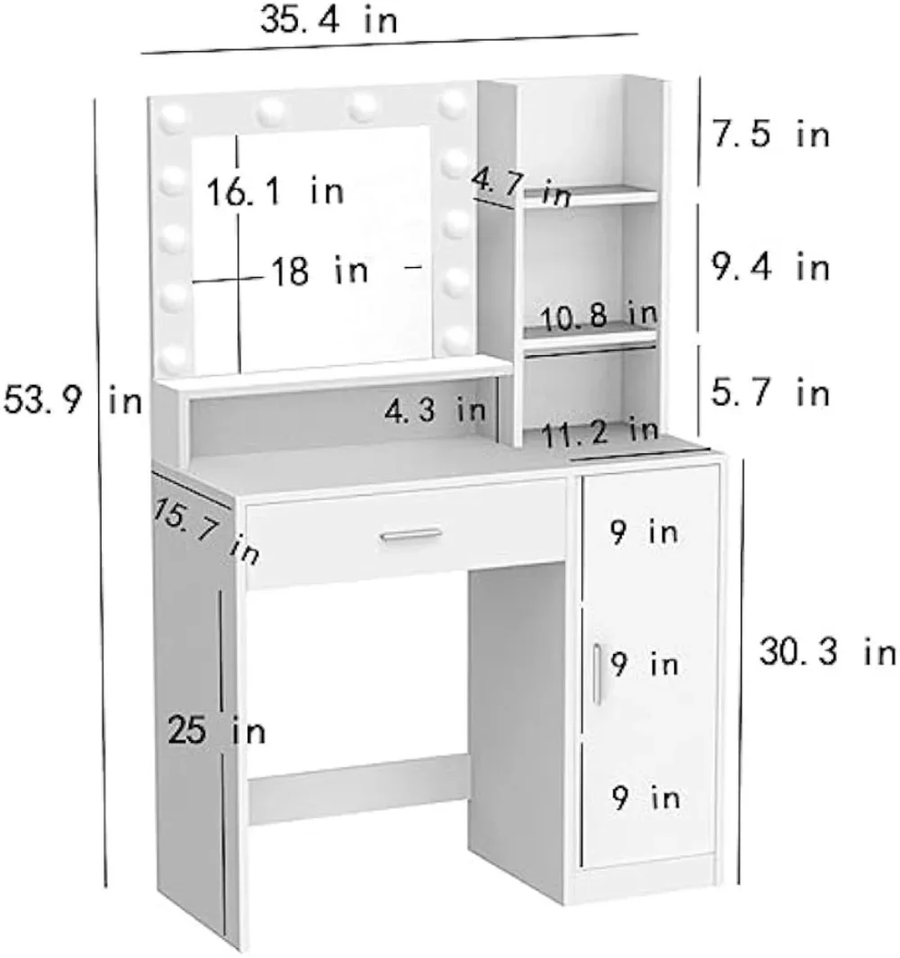 Vanity Desk with Mirror & Light, Large Drawer & Three Level Storage Dresser, 3 Lighting Modes Adjustable Brightness,