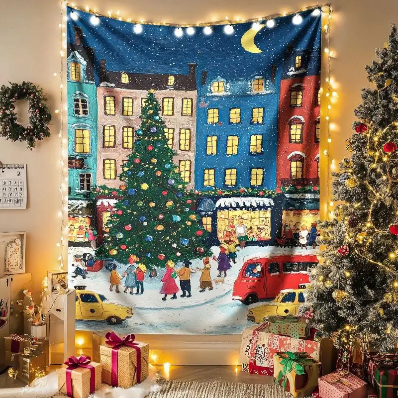 VIKAMA Retro Christmas Wall Tapestry Cartoon Santa Claus Snowman Backdrop Polyester Wall Hanging Retro Bedroom Dorm Home Decor