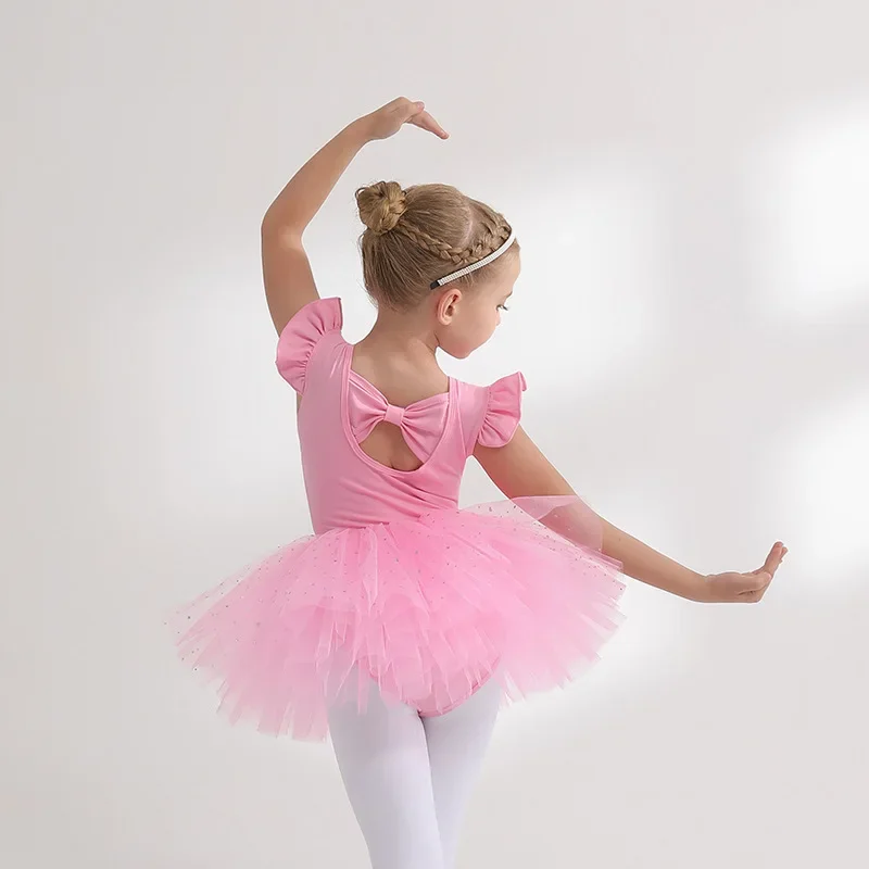 Ballet Dress Gymnastics Leotards for Girls Kids Puff Sleeve Ballet Dancewear Chiffon Tutu Skirts Kids Bowknot Dance Leotards