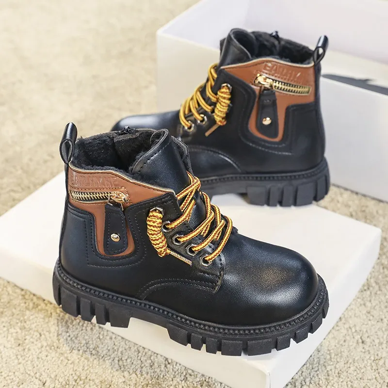 Mid Top Children Biker Boots Winter Child Plus Velvet Warm Boot Kids Snow Boot Anti-slip Wear-resistant Girls Boys Tooling Shoes