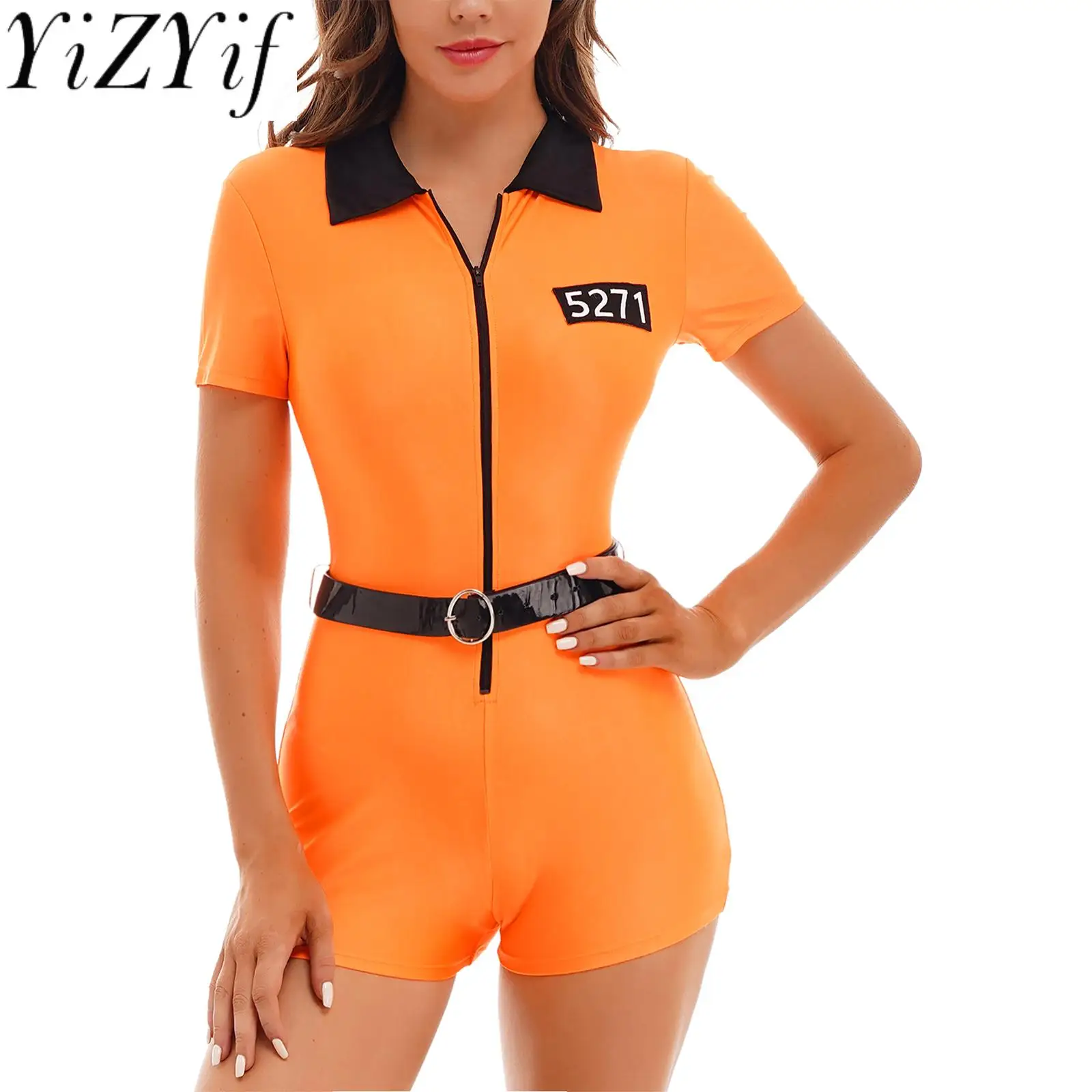 

Halloween Prisoner Jail Cosplay Uniform Women Short Sleeve Bodyshort with Belt Number Print Bodysuit for Carnival Party Costumes