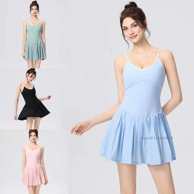 Women Color Block Yoga Tennis Dress with Bra and Shorts Ladies Pleated Athletic Sport Cami Dress Quick-Dry Slim Fitness Skirts