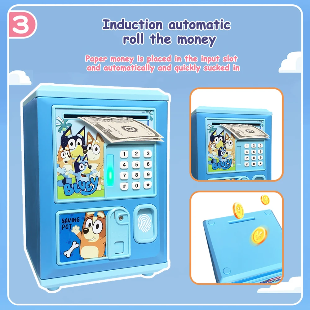 Bluey Bingo-cerradura de código electrónico para niños, hucha, caja de monedas, rollo automático de dinero en efectivo, caja fuerte pequeña, juguetes para niños y niñas, regalo