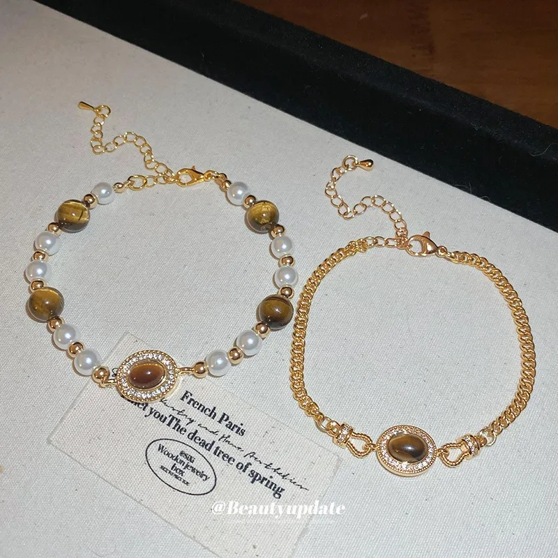 LENNIK Maillard Diamond Set سوار خرز هندسي للنساء، سوار ريترو فرنسي، قبضة عصرية وراقية