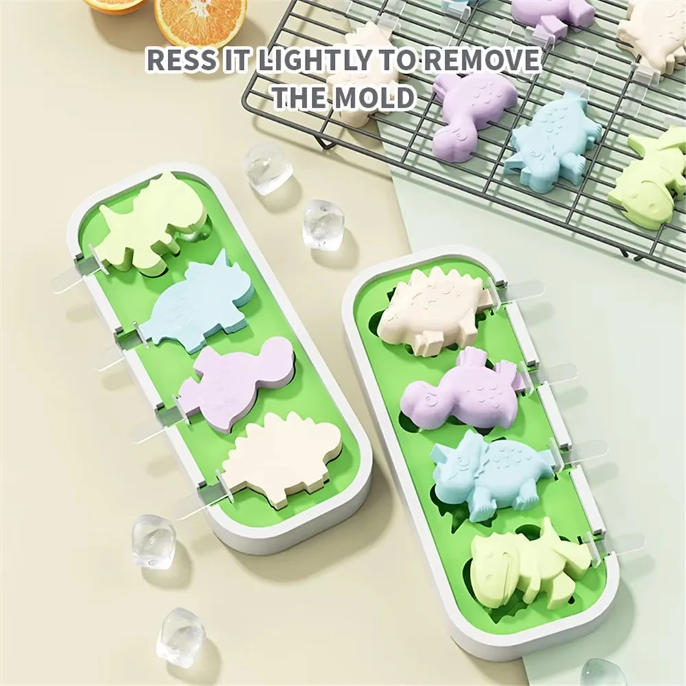 2PCS Silicone Dinosaurs Ice Cream Mold with Lid and Stick Dust-proof Ice-lolly Maker Cartoon Easy To Demold