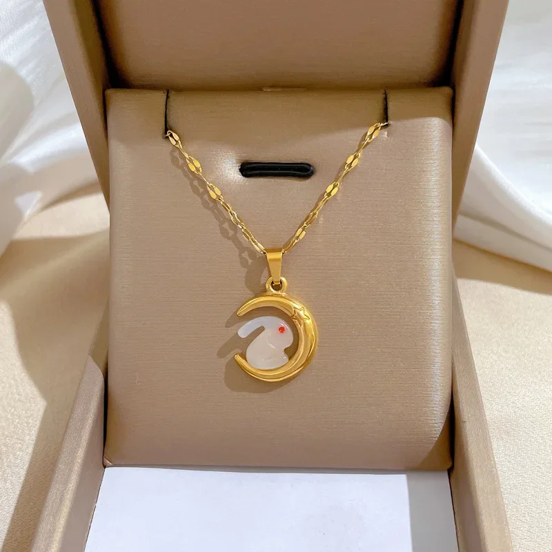 

Stainless Steel Moon Rabbit with Zircon Pendant Necklace Women Animal Clavicle Chain Choker Accessories Trendy Neck Jewelry